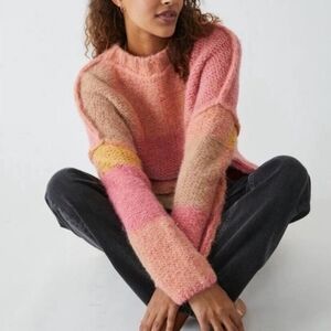 Free People Pink and Yellow Crew Neck Sweater
